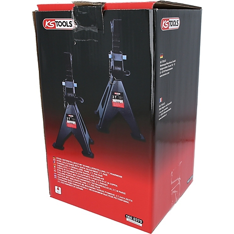 Eine Produktverpackung mit zwei schwarzen Wagenhebern mit KS TOOLS Logo. Auf der Verpackung sind weitere Informationen abgebildet.